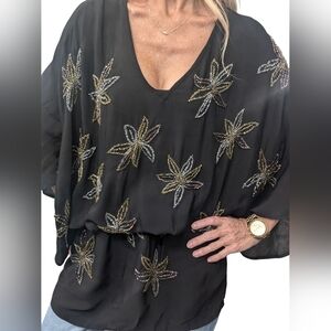 Romeo + Juliet Couture Sheer Black Batwing Sleeve Beaded Peplum Blouse Size S